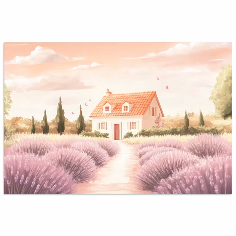 Poster - Lavendelveld - Huis - Paars — 1