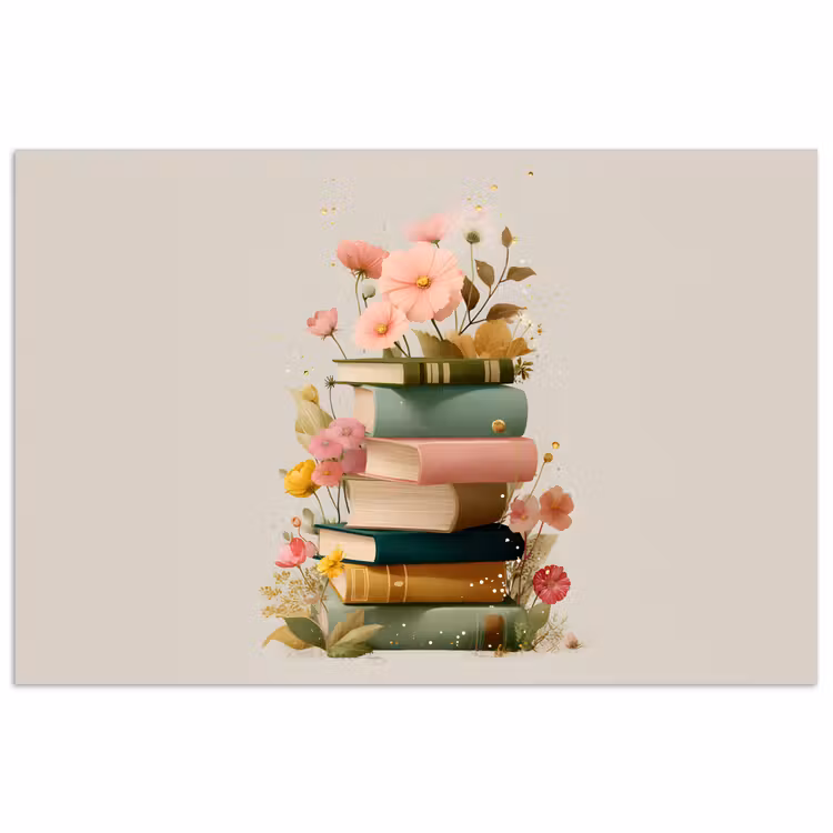 Poster - Boeken - Stapel - Bloemen - Kleurrijk — 1