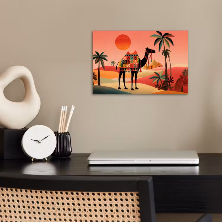 Poster - Kameel - Gekleurd tapijt - Duinen - Rode zon — 2