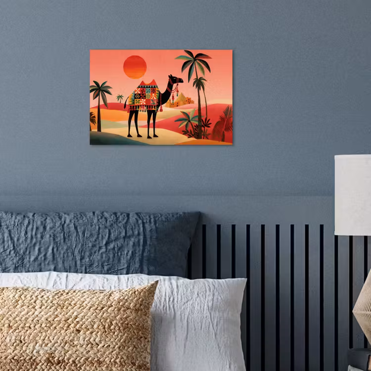 Poster - Kameel - Gekleurd tapijt - Duinen - Rode zon — 3