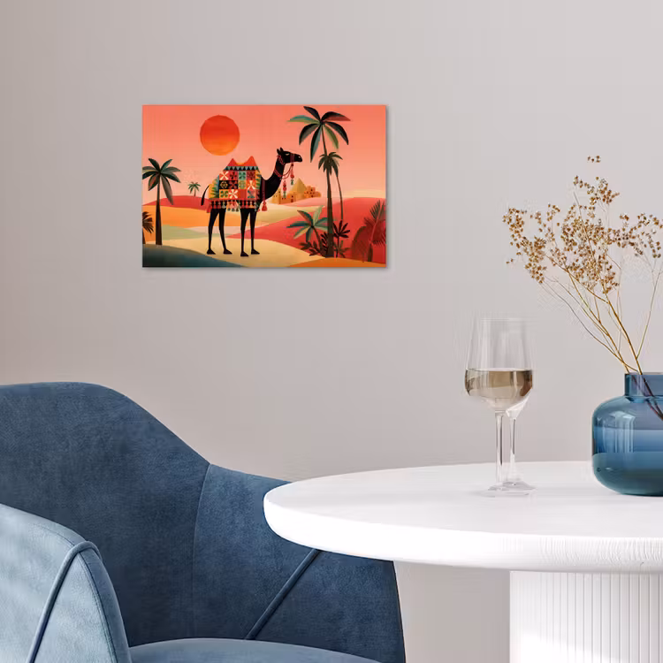 Poster - Kameel - Gekleurd tapijt - Duinen - Rode zon — 4