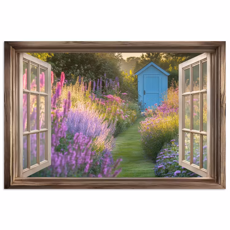 Poster - Doorkijk - Bloemen - Raam - Natuur — 1