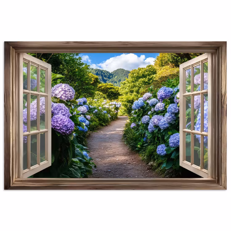 Poster - Doorkijk - Hortensia - Pad - Natuur — 1