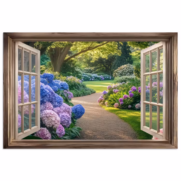Poster - Doorkijk - Tuin - Raam - Hortensia - Bloemen — 1