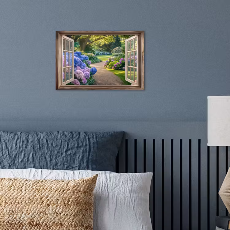 Poster - Doorkijk - Tuin - Raam - Hortensia - Bloemen — 3