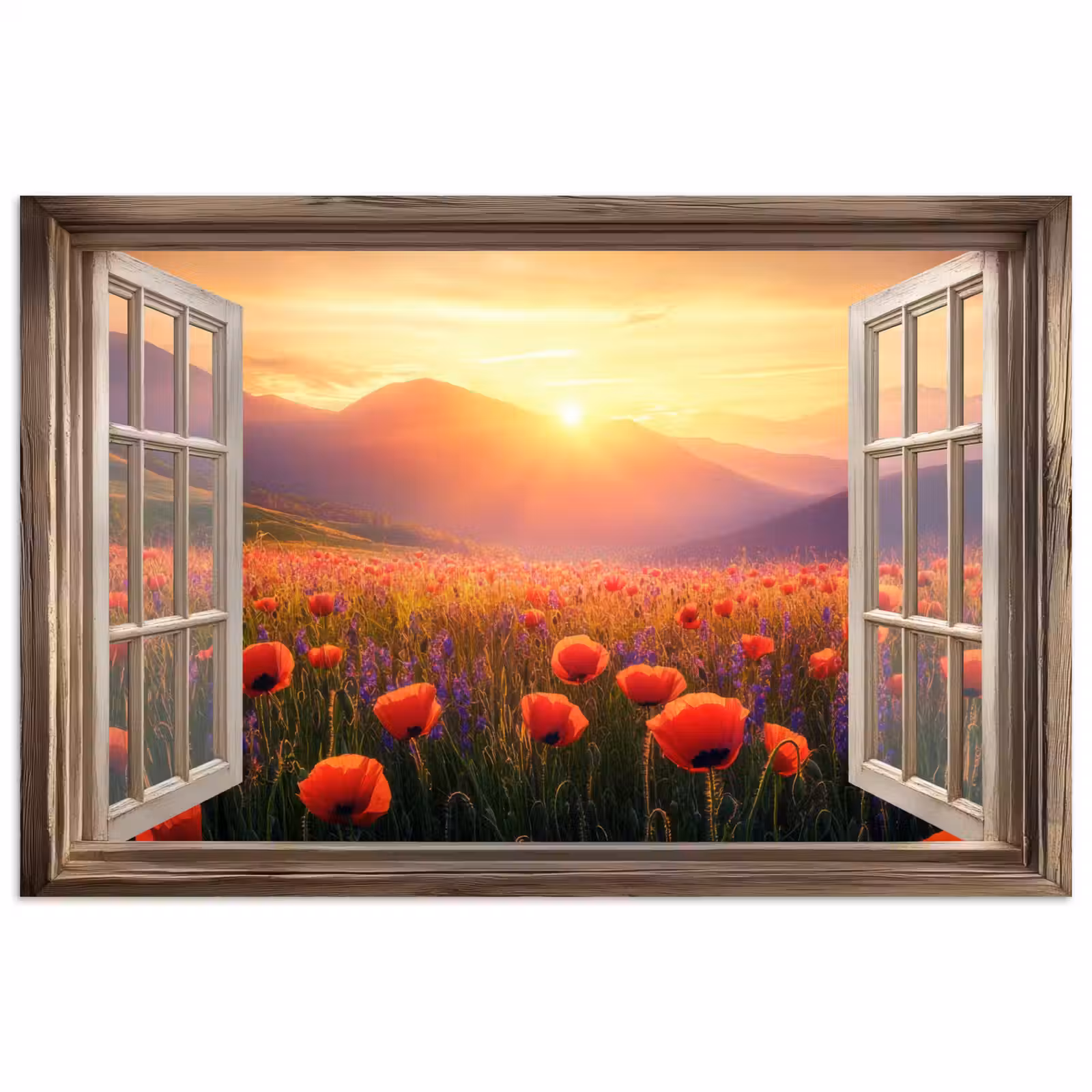 Poster - Doorkijk - Klaprozen - Bloemen - Rood - Open raam — 1