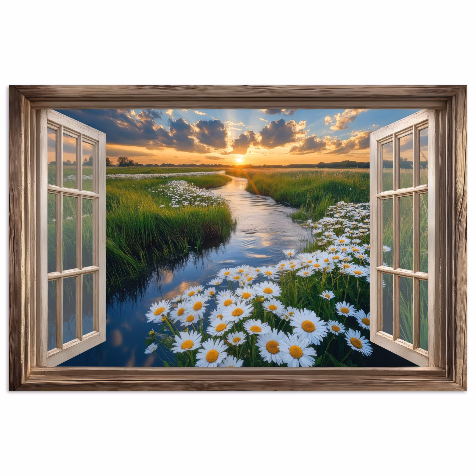 Poster - Doorkijk - Landschap - Raam - Water - Zonsondergang — 1