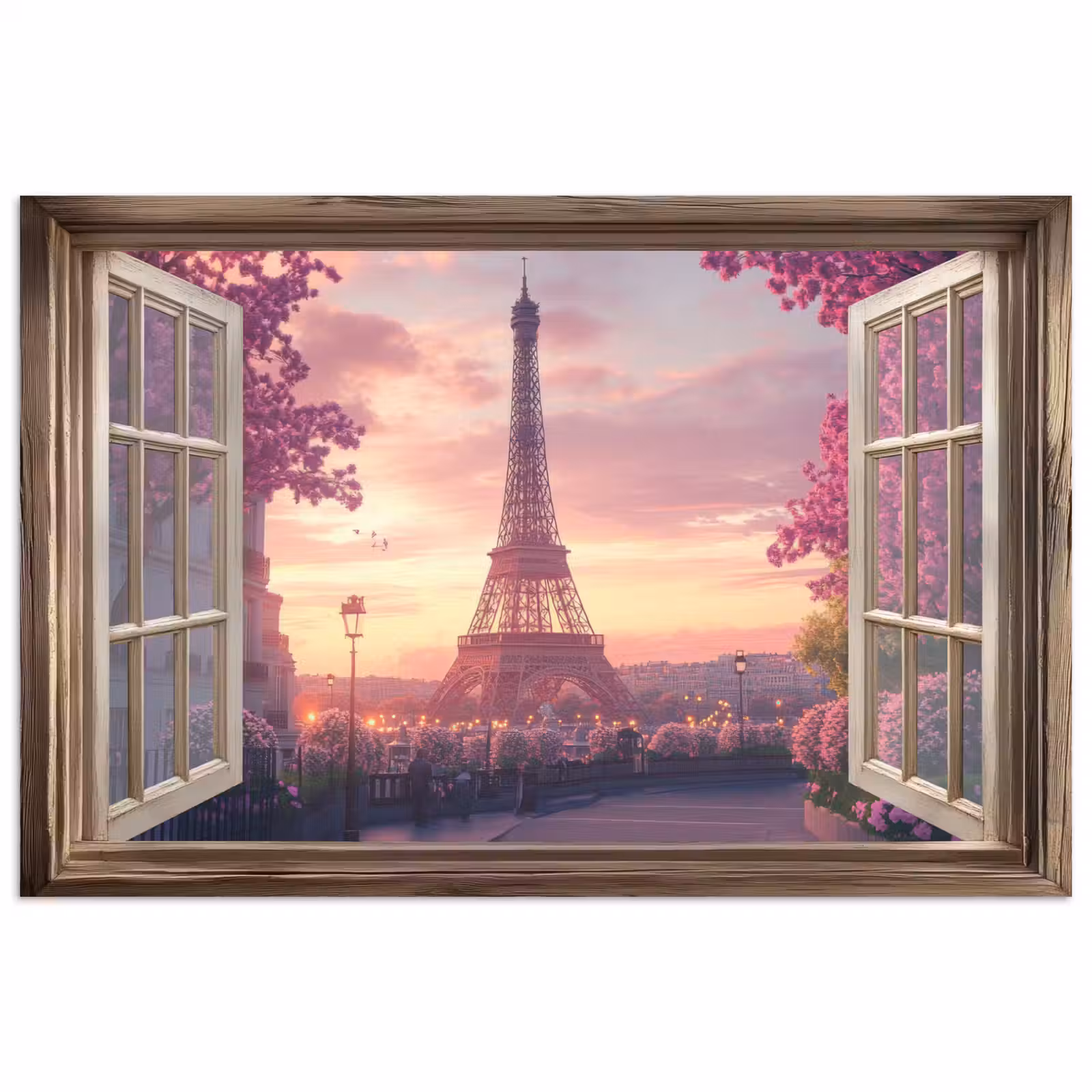 Poster - Doorkijk - Parijs - Eiffeltoren - Roze - Kersenbloesem — 1