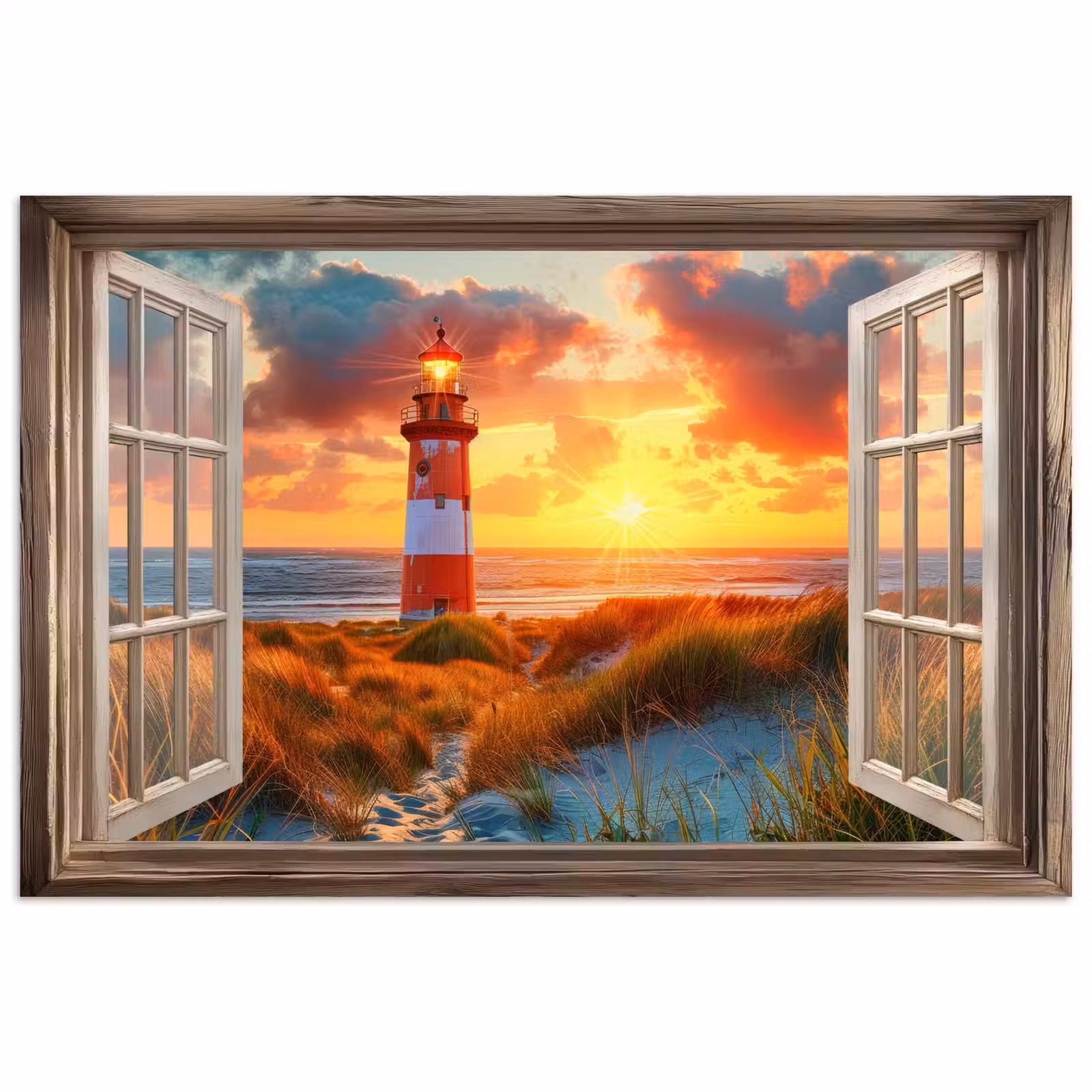 Poster - Doorkijk - Raam - Vuurtoren - Zonsondergang - Strand — 1