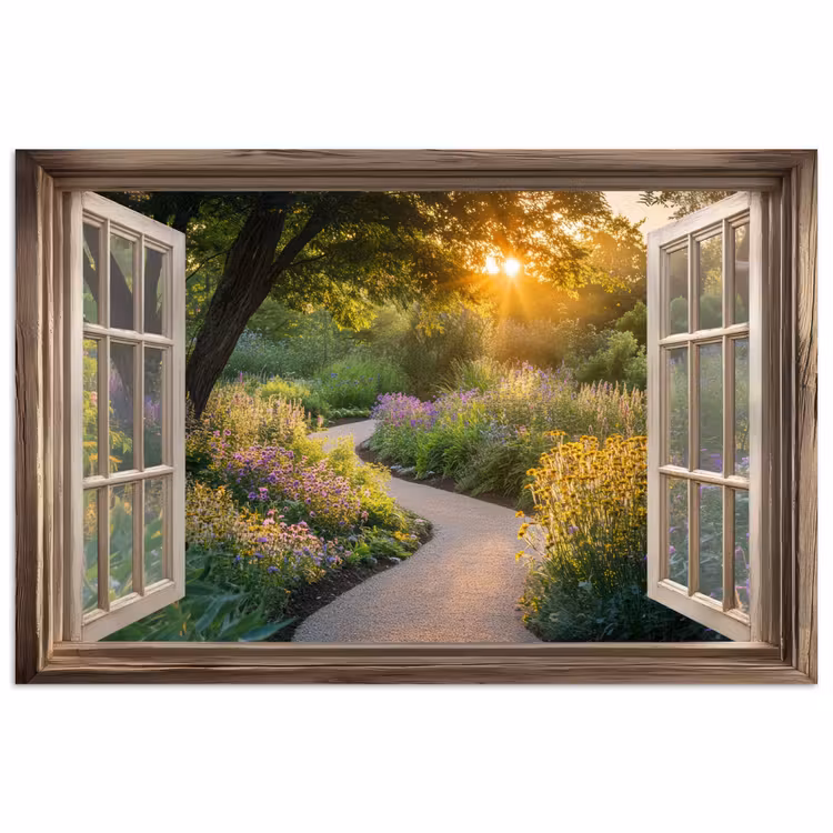 Poster - Doorkijk - Bloemen - Natuur - Zon - Pad — 1