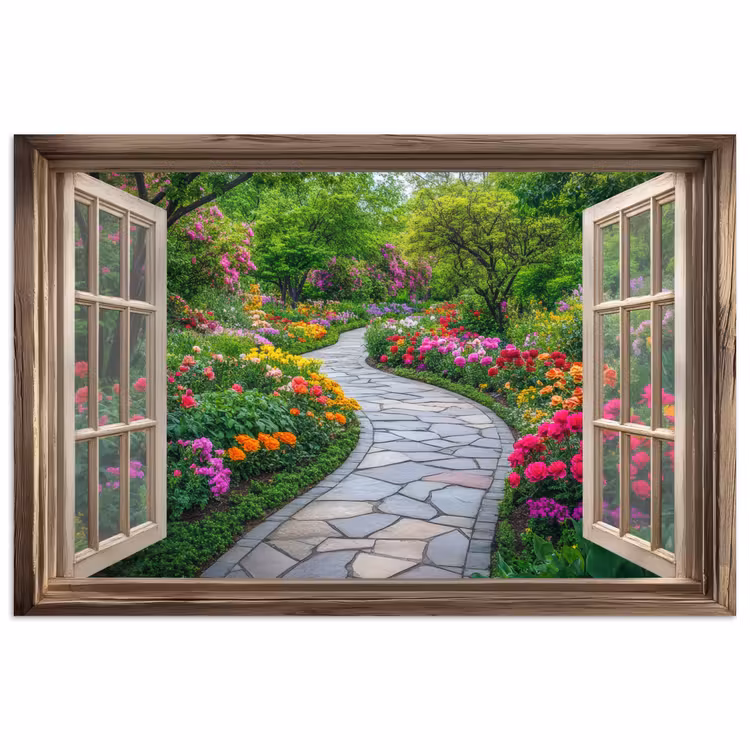 Poster - Doorkijk - Bloemen - Tuinpad - Natuur - Raam — 1