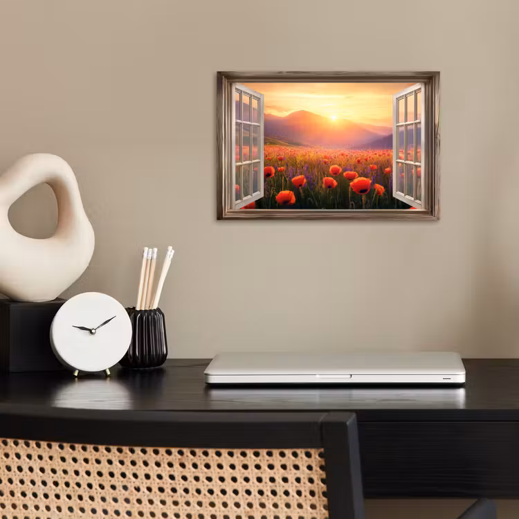 Poster - Doorkijk - Klaprozen - Bloemen - Rood - Open raam — 2