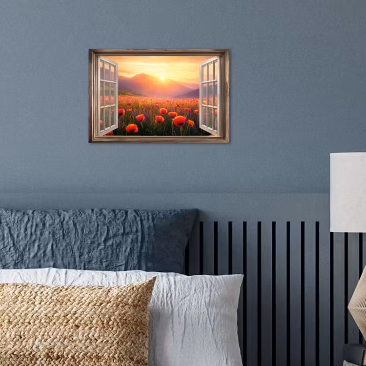 Poster - Doorkijk - Klaprozen - Bloemen - Rood - Open raam — 3