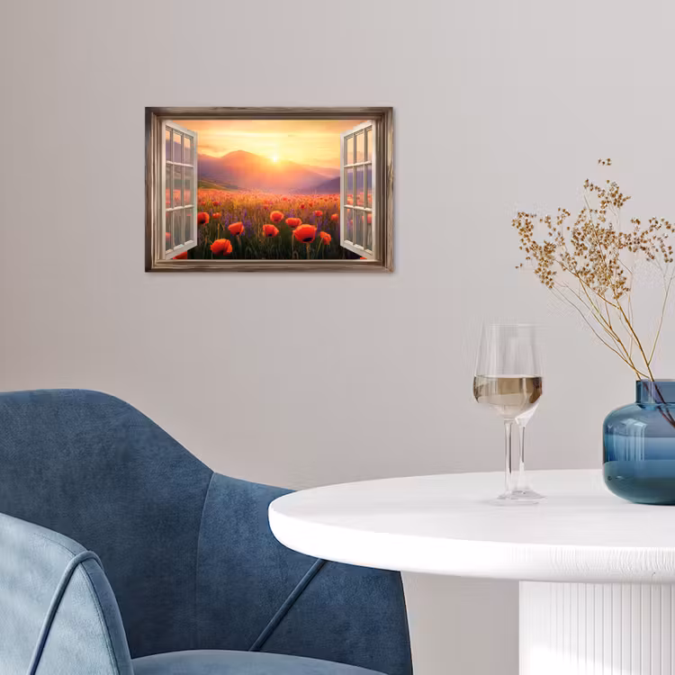 Poster - Doorkijk - Klaprozen - Bloemen - Rood - Open raam — 4