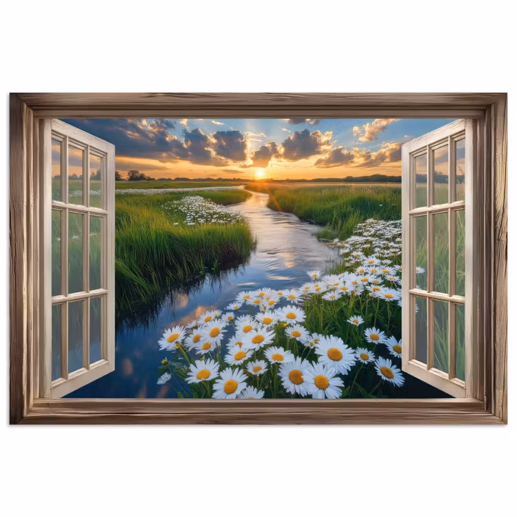 Poster - Doorkijk - Landschap - Raam - Water - Zonsondergang — 1