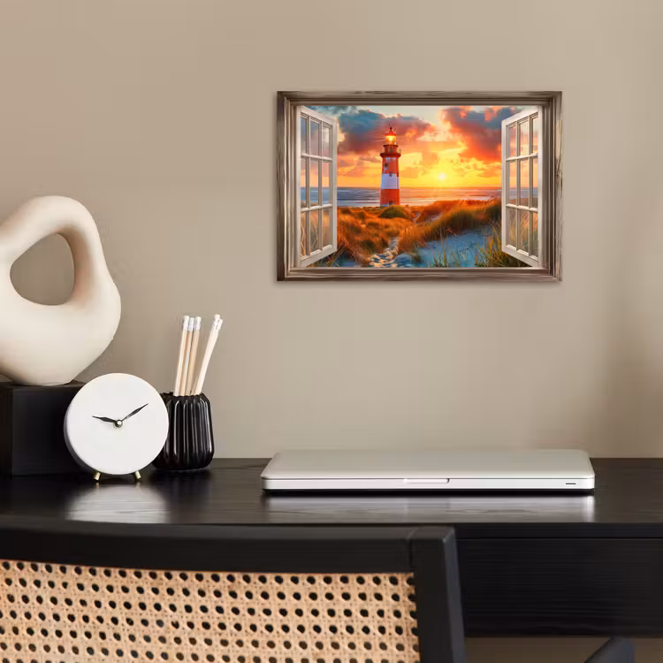 Poster - Doorkijk - Raam - Vuurtoren - Zonsondergang - Strand — 2