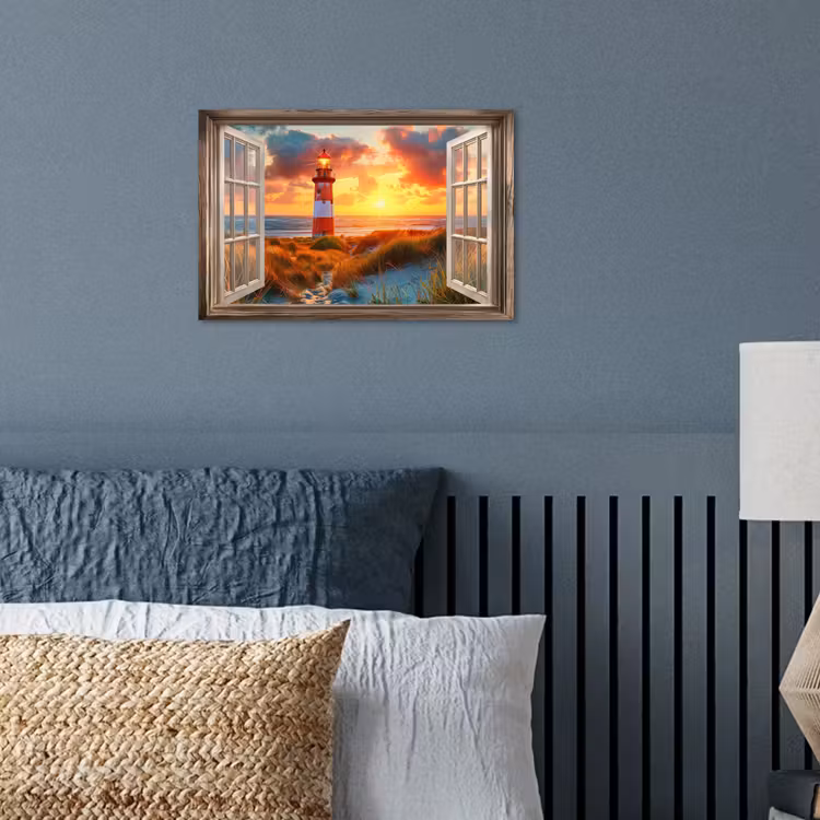 Poster - Doorkijk - Raam - Vuurtoren - Zonsondergang - Strand — 3