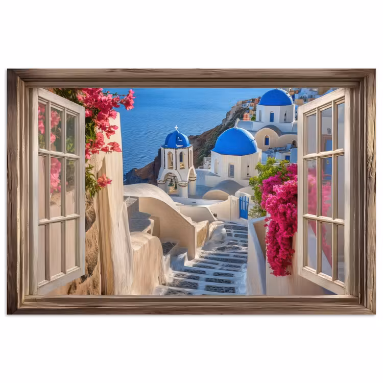 Poster - Doorkijk - Santorini - Landschap - Blauw - Grieks — 1