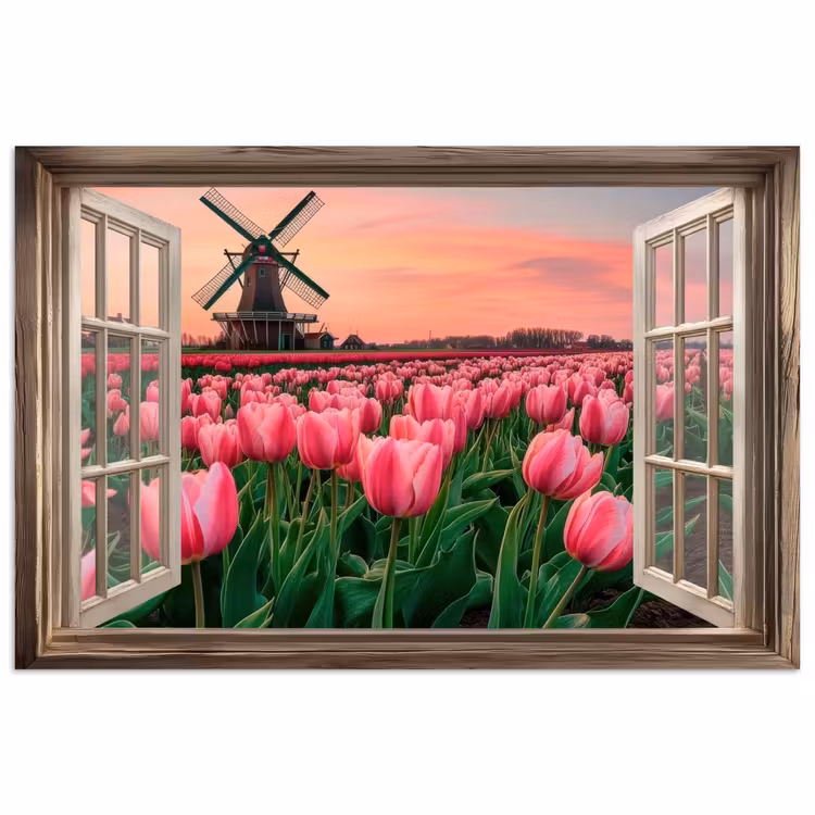 Poster - Doorkijk - Tulpen - Bloemen - Molen - Raam — 1