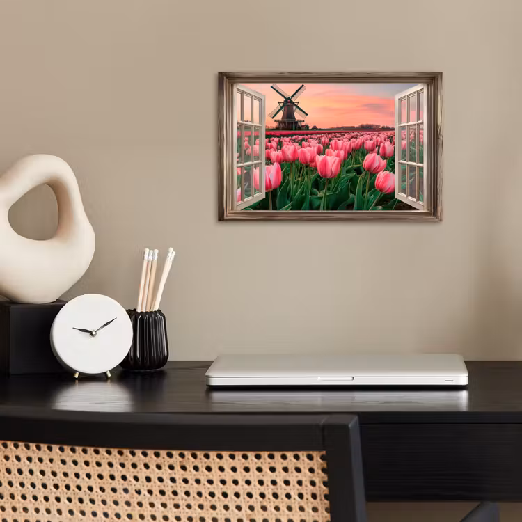 Poster - Doorkijk - Tulpen - Bloemen - Molen - Raam — 2