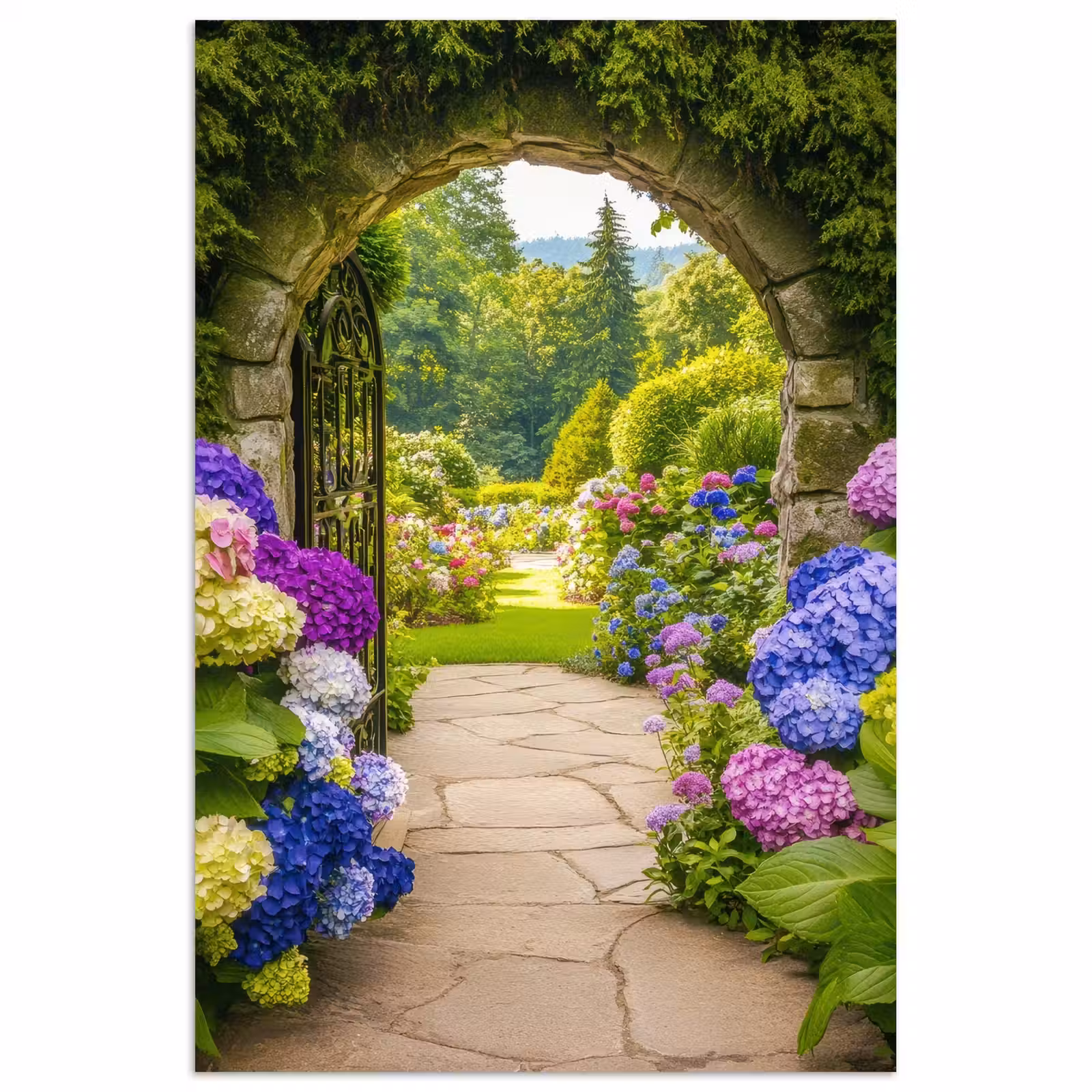Poster - Doorkijk - Poort - Hortensia - Bloementuin — 1