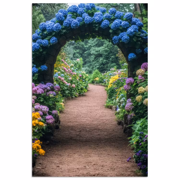 Poster - Doorkijk - Bloemen - Hortensia - Pad — 1