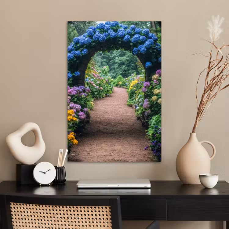 Poster - Doorkijk - Bloemen - Hortensia - Pad — 2