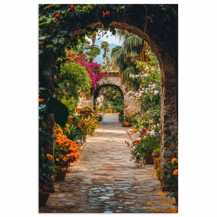 Poster - Doorkijk - Bloemen - Poort - Stenen — 1