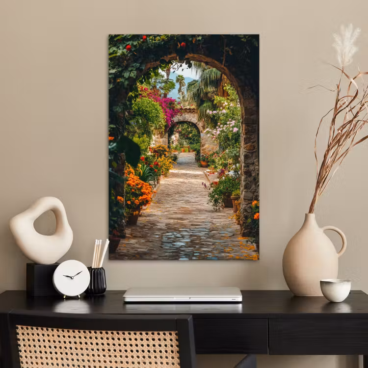 Poster - Doorkijk - Bloemen - Poort - Stenen — 2
