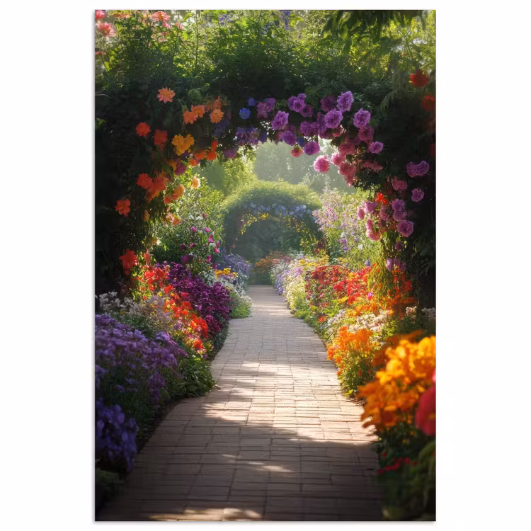 Poster - Doorkijk - Pad - Bloemen - Struik - Kleurrijk — 1