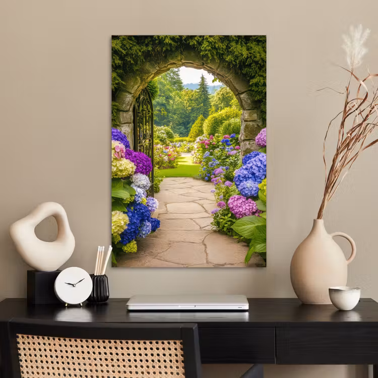 Poster - Doorkijk - Poort - Hortensia - Bloementuin — 2