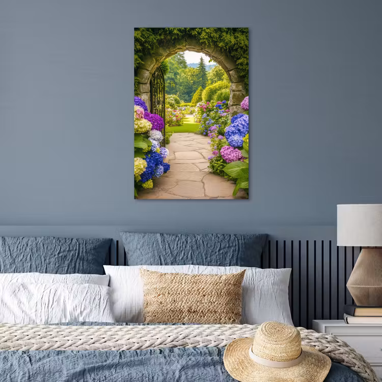 Poster - Doorkijk - Poort - Hortensia - Bloementuin — 3