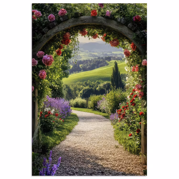 Poster - Doorkijk - Tuinboog - Bloemen - Natuur - Pad — 1