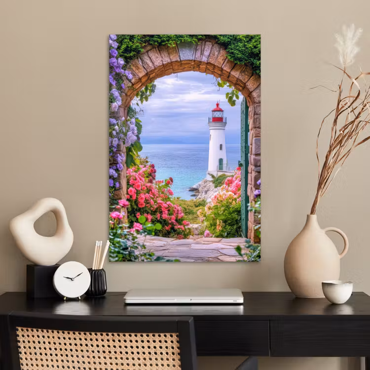 Poster - Doorkijk - Vuurtoren - Bloemen - Uitzicht — 2