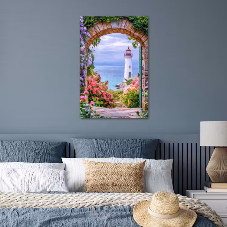 Poster - Doorkijk - Vuurtoren - Bloemen - Uitzicht — 3