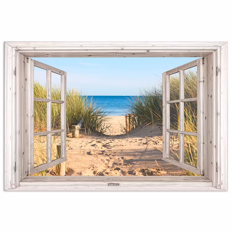 Poster - Doorkijk - Strand - Zee - Duinen - Zand - Water - Helmgras — 1