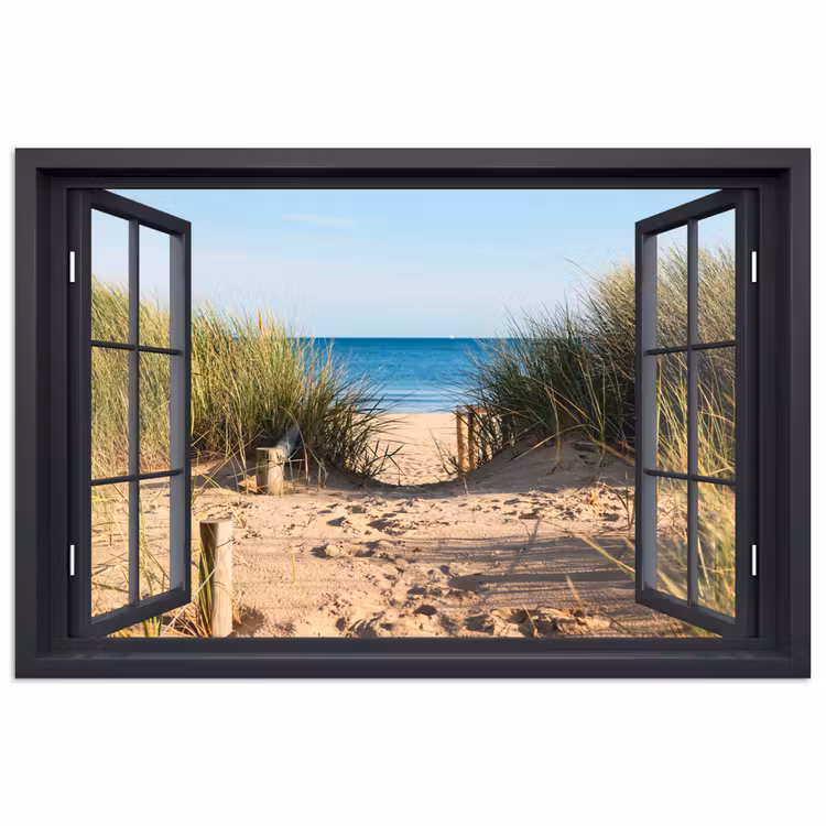 Poster - Doorkijk - Strand - Zee - Zand - Water - Helmgras - Duinen — 1