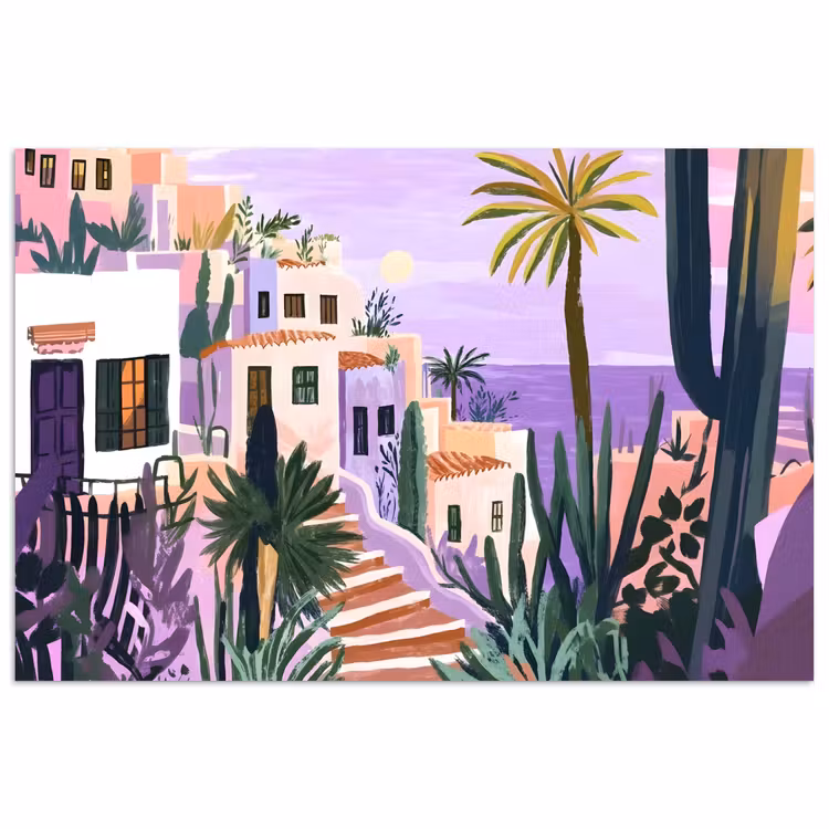 Poster - Huizen - Minimalistisch - Palmbomen - Kust — 1