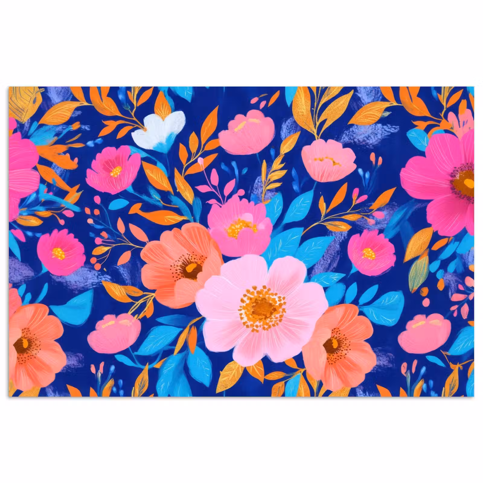 Poster - Bloemen - Blauw - Roze — 1