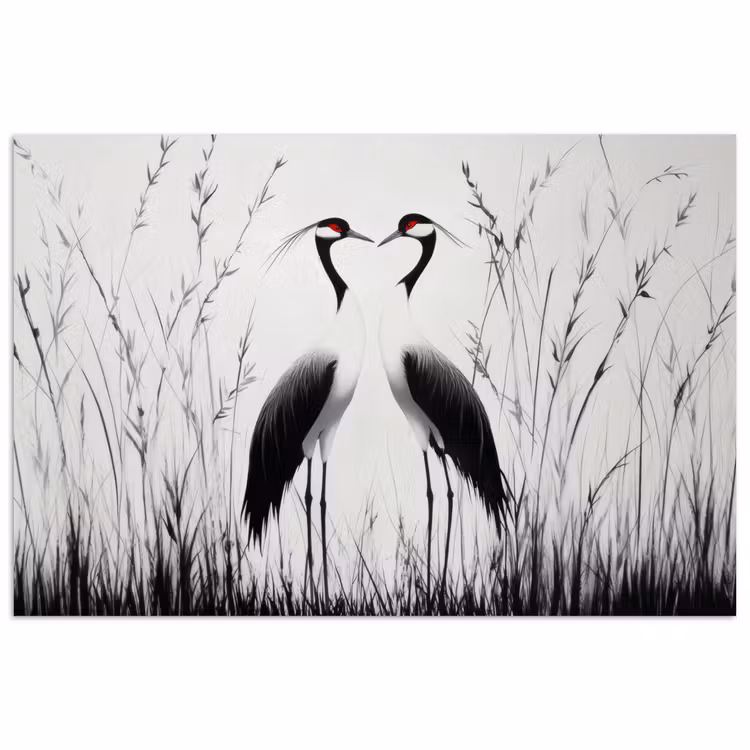Poster - Kraanvogels - Gras - Hartvorm - Zwart — 1