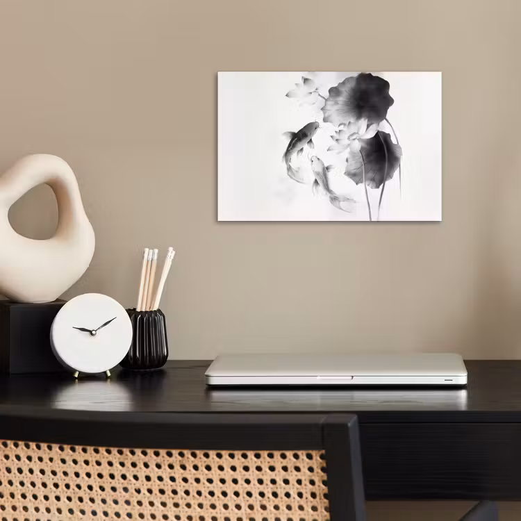 Poster - Lotusbloemen - Vissen - Bladeren - Zwart — 2