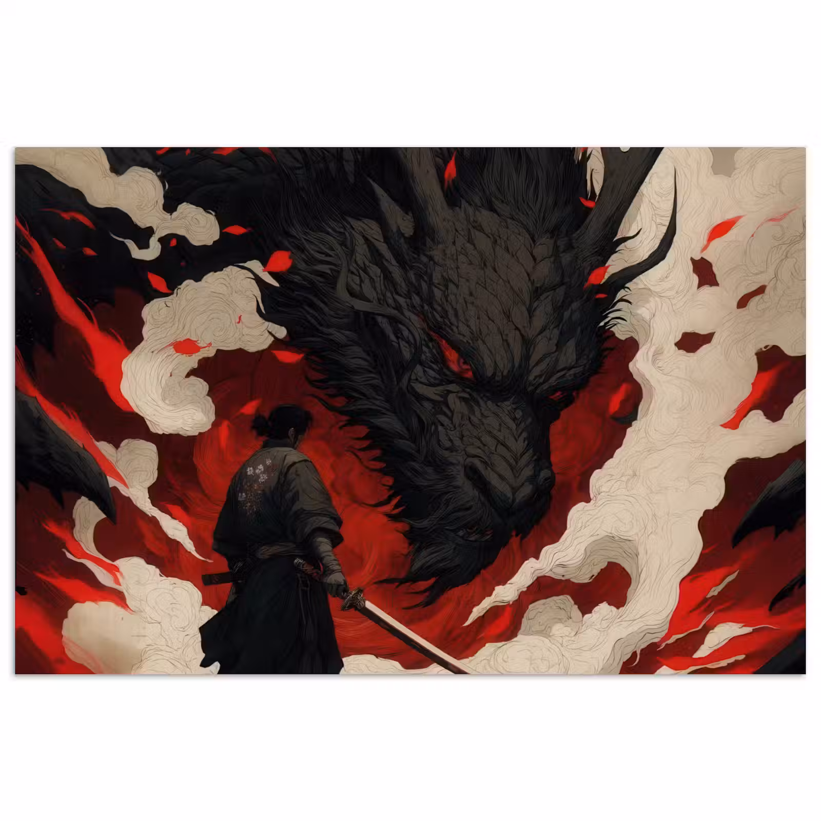 Poster - Krijger - Draak - Zwart - Rood - Rook — 1