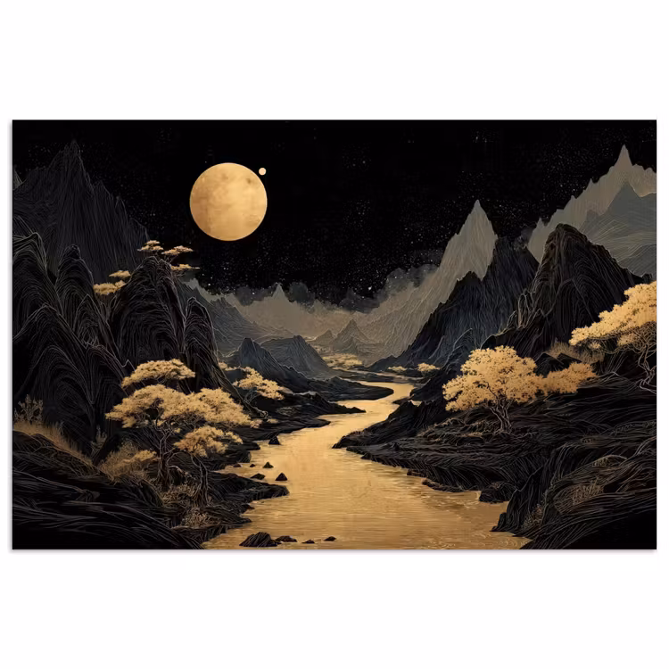 Poster - Gouden rivier - Bergen - Maan - Sterrenhemel — 1