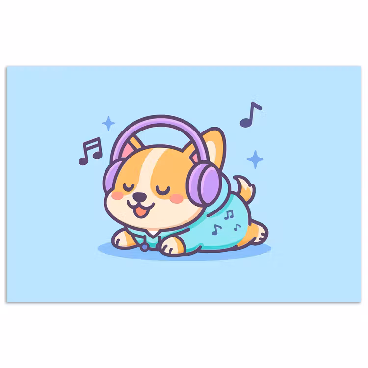 Poster - Corgi - Koptelefoon - Blauw - Muzieknoten — 1
