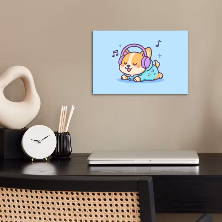 Poster - Corgi - Koptelefoon - Blauw - Muzieknoten — 2
