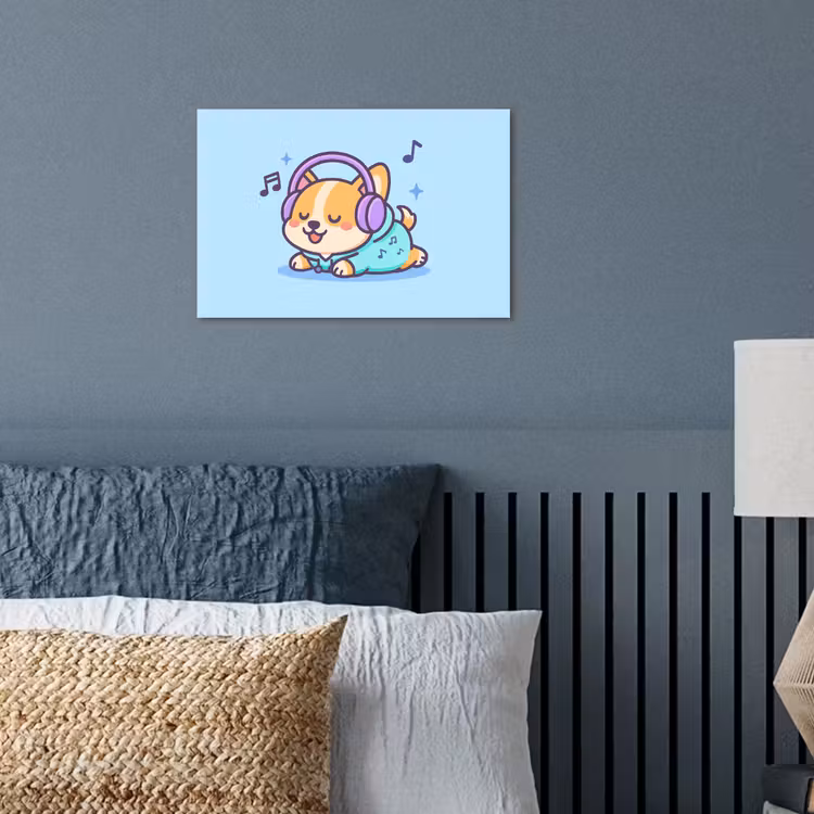Poster - Corgi - Koptelefoon - Blauw - Muzieknoten — 3