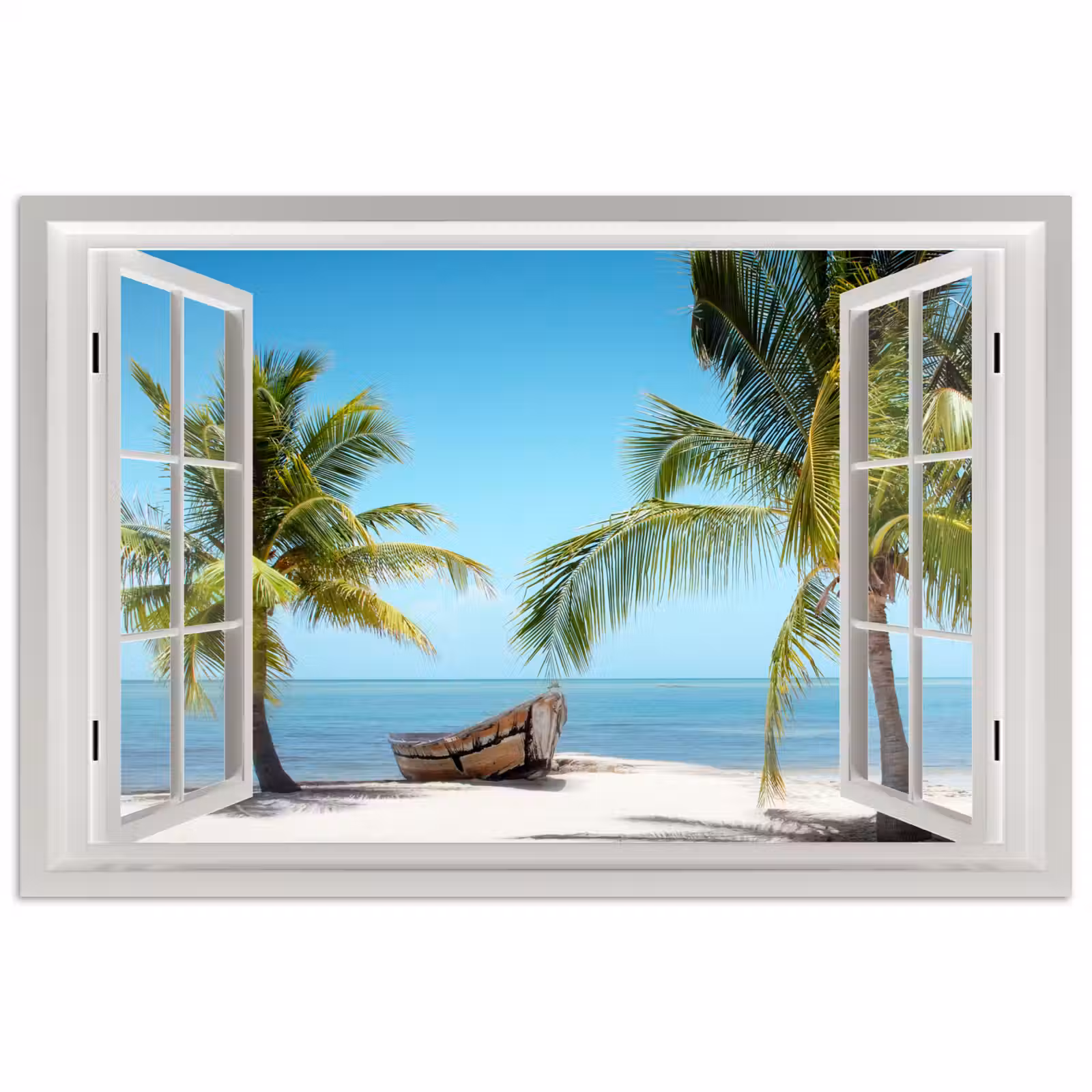 Poster - Doorkijk - Strand - Palmboom - Boot - Tropisch - Zee - Blauw — 1