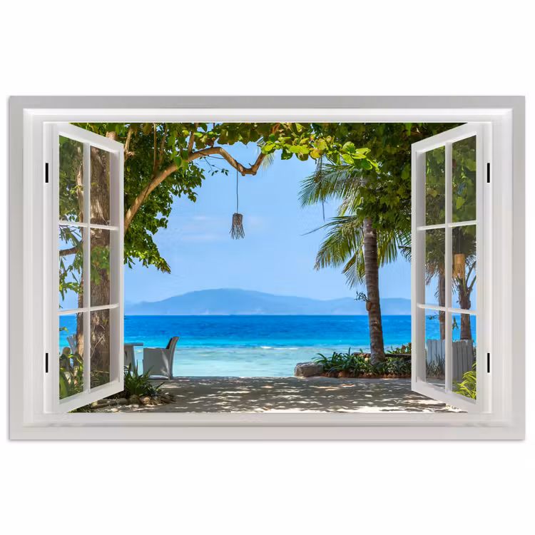 Poster - Doorkijk - Boom - Zee - Palmboom - Heuvels - Strand - Blauw — 1