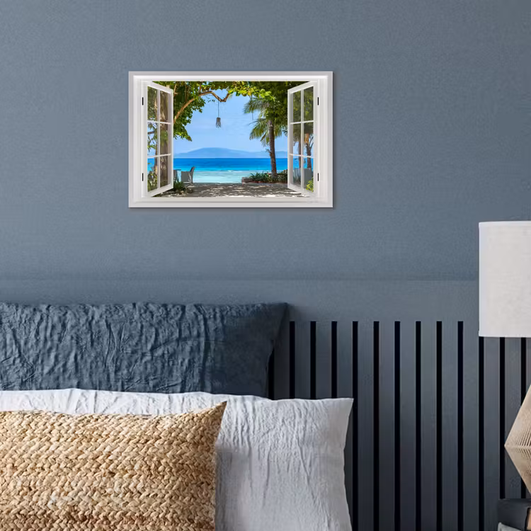 Poster - Doorkijk - Boom - Zee - Palmboom - Heuvels - Strand - Blauw — 3