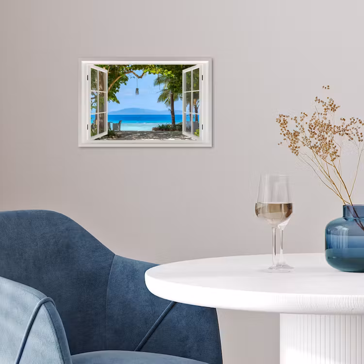 Poster - Doorkijk - Boom - Zee - Palmboom - Heuvels - Strand - Blauw — 4